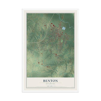 Map of Benton, Kentucky, 12 x 18 inch print in a white wood frame