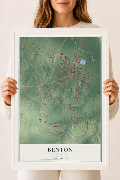 Map of Benton, Kentucky, 18 x 24 inch print in a white wood frame