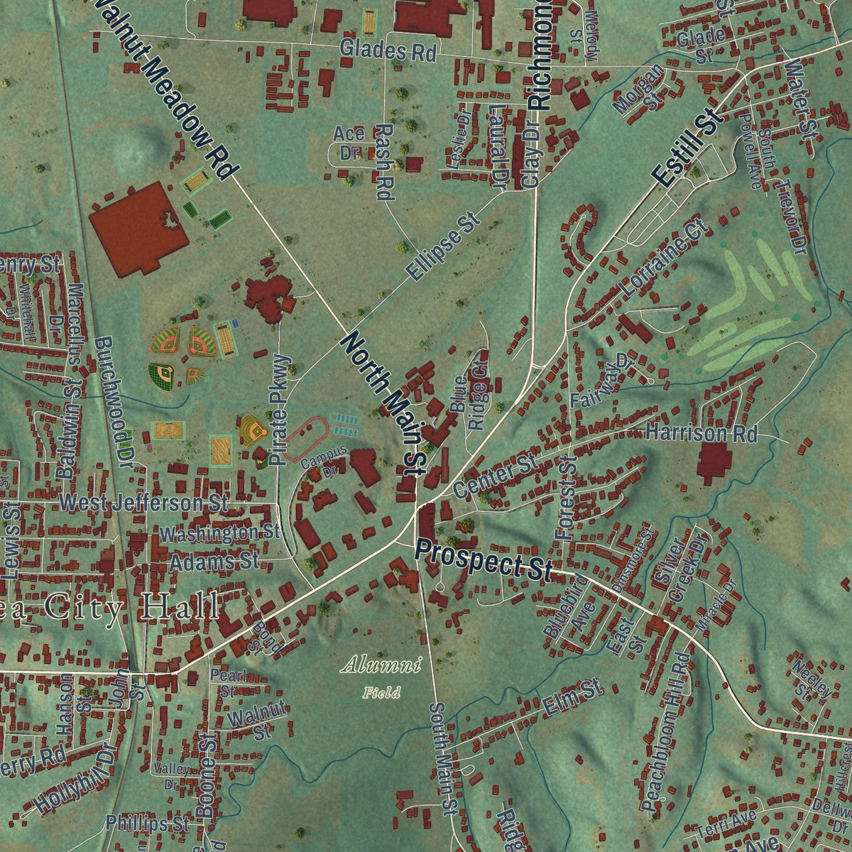 Close-up of the map of Berea, Kentucky print showing street and building detail