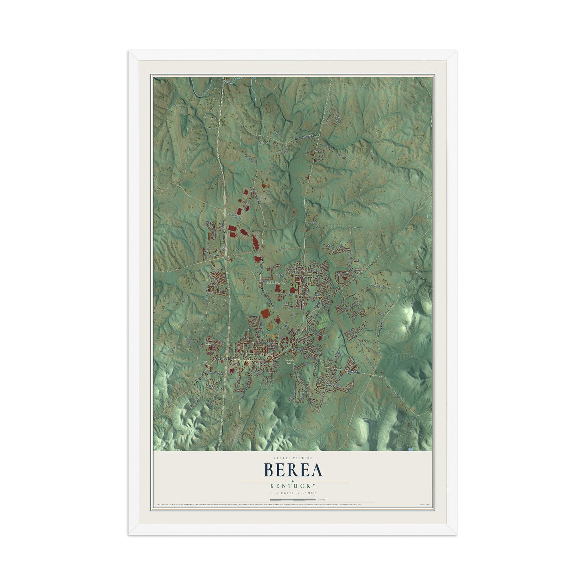 Map of Berea, Kentucky, 12 x 18 inch print in a white wood frame