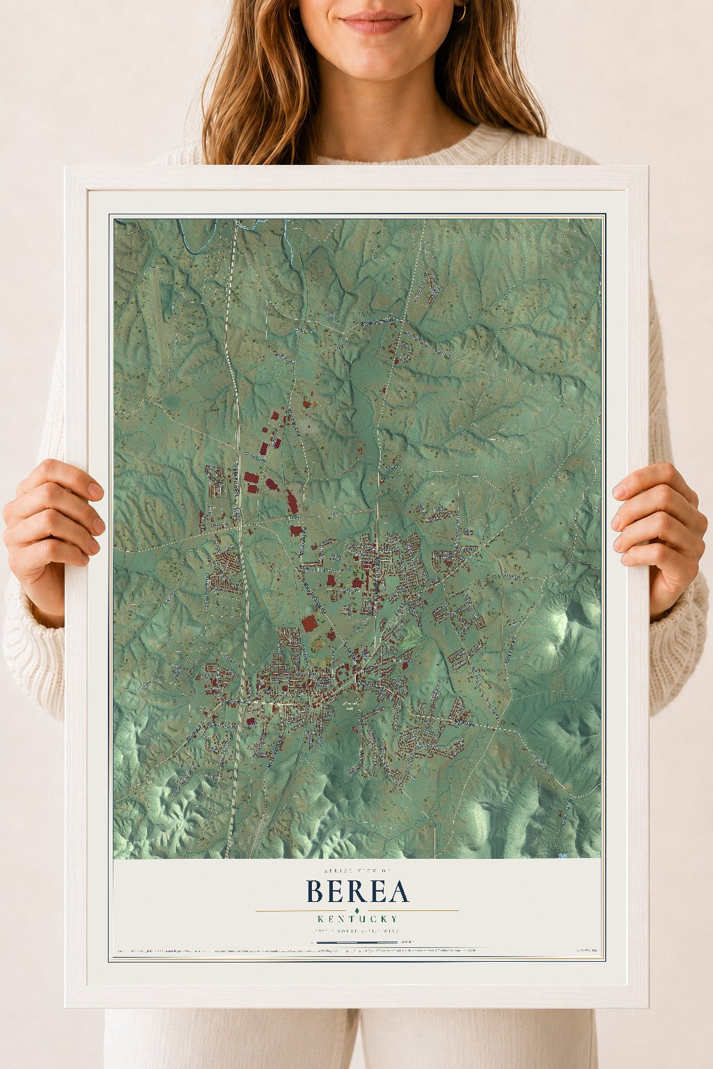 Map of Berea, Kentucky, 18 x 24 inch print in a white wood frame