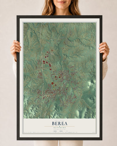 Map of Berea, Kentucky, 24 x 36 inch print in a black wood frame