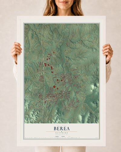 Map of Berea, Kentucky, 24 x 36 inch print in a white wood frame
