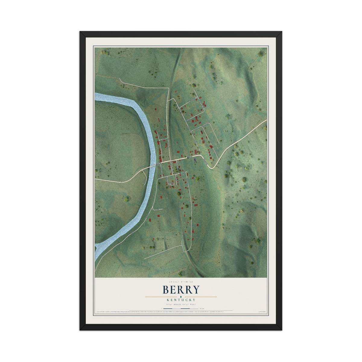 Map of Berry, Kentucky, 12 x 18 inch print in a black wood frame