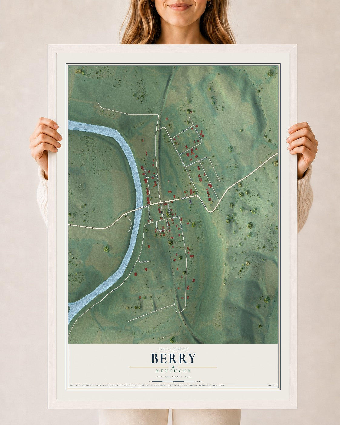 Map of Berry, Kentucky, 24 x 36 inch print in a white wood frame