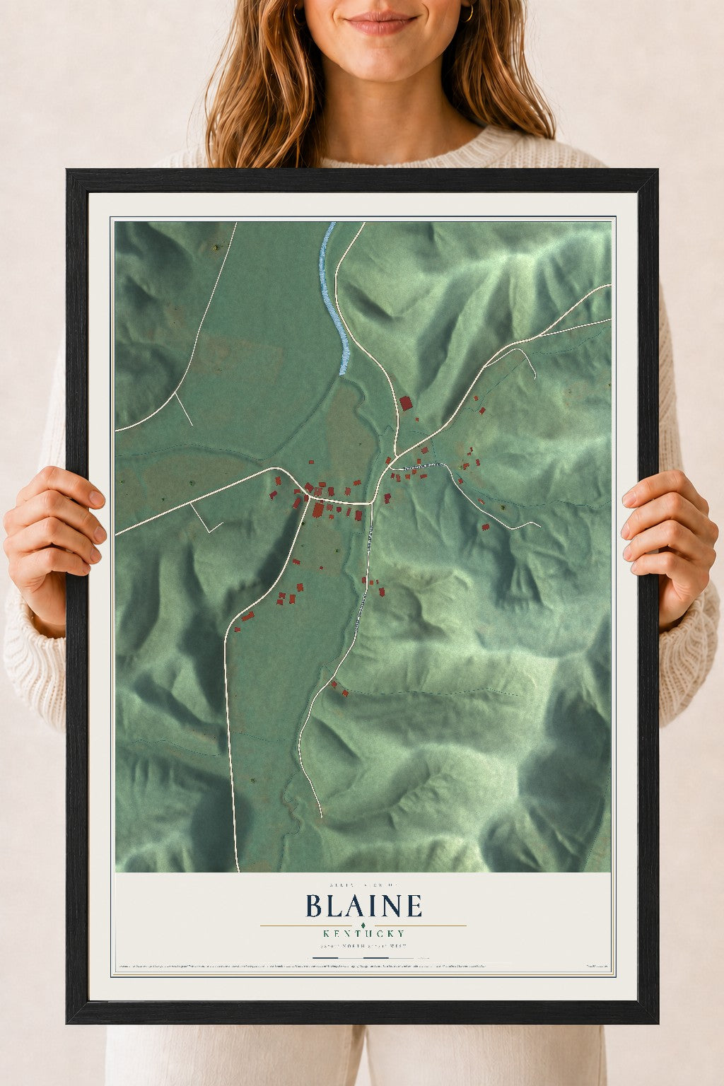 Map of Blaine, Kentucky, 18 x 24 inch print in a black wood frame