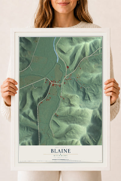 Map of Blaine, Kentucky, 18 x 24 inch print in a white wood frame