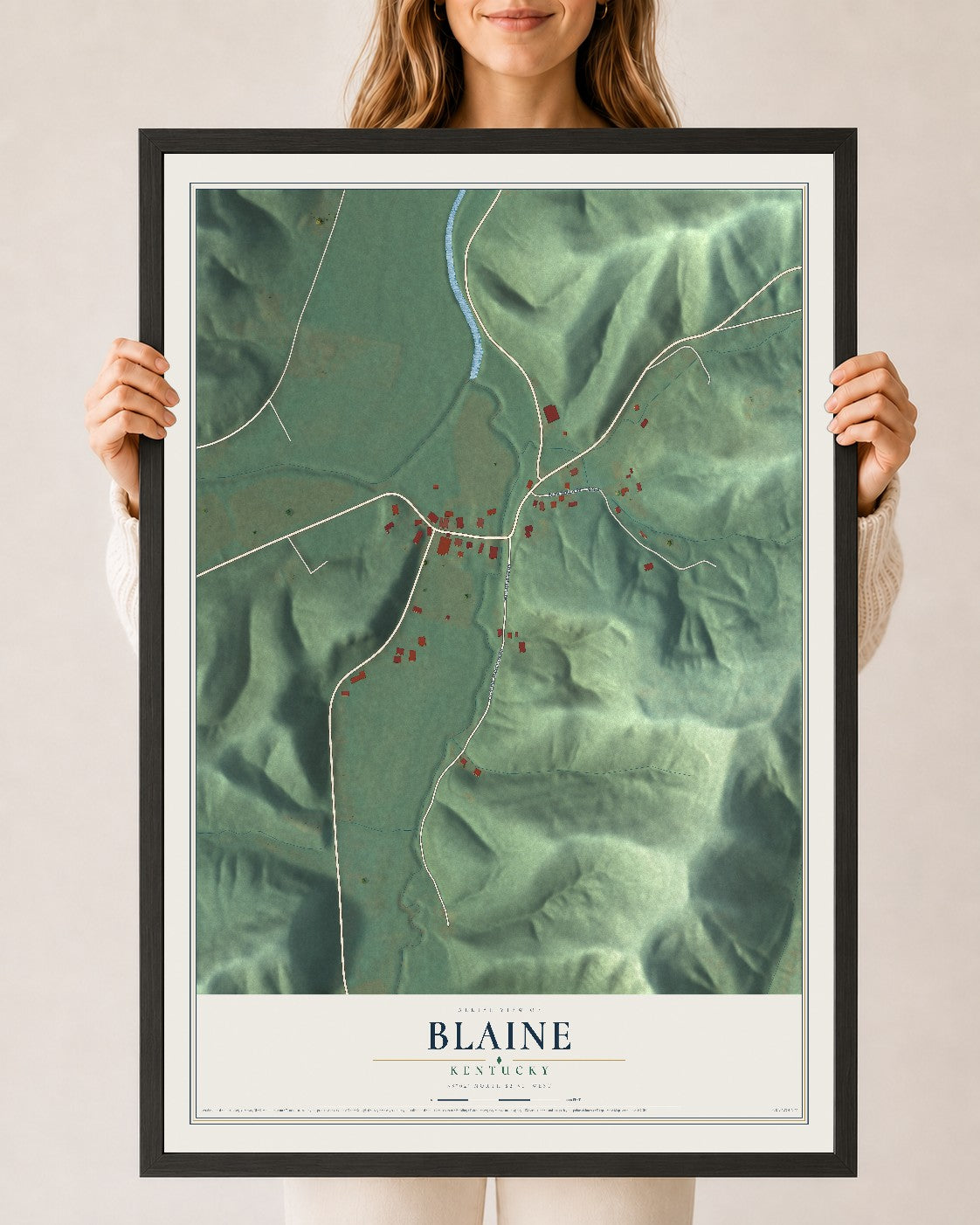 Map of Blaine, Kentucky, 24 x 36 inch print in a black wood frame