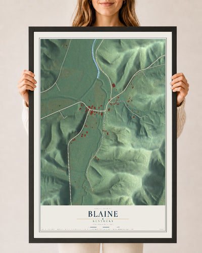 Map of Blaine, Kentucky, 24 x 36 inch print in a black wood frame