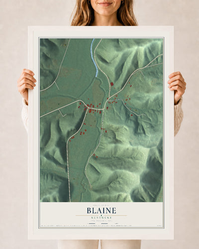 Map of Blaine, Kentucky, 24 x 36 inch print in a white wood frame