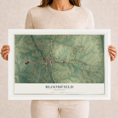 Map of Bloomfield, Kentucky, 12 x 18 inch print in a white wood frame