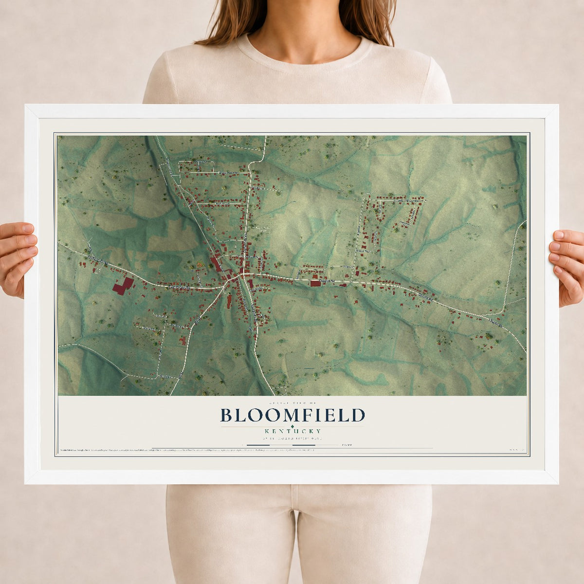Map of Bloomfield, Kentucky, 18 x 24 inch print in a white wood frame