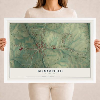 Map of Bloomfield, Kentucky, 18 x 24 inch print in a white wood frame