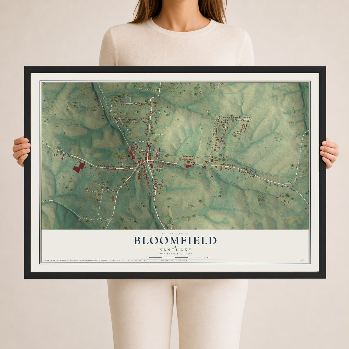 Map of Bloomfield, Kentucky, 24 x 36 inch print in a black wood frame