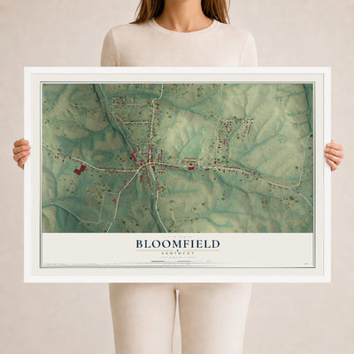 Map of Bloomfield, Kentucky, 24 x 36 inch print in a white wood frame