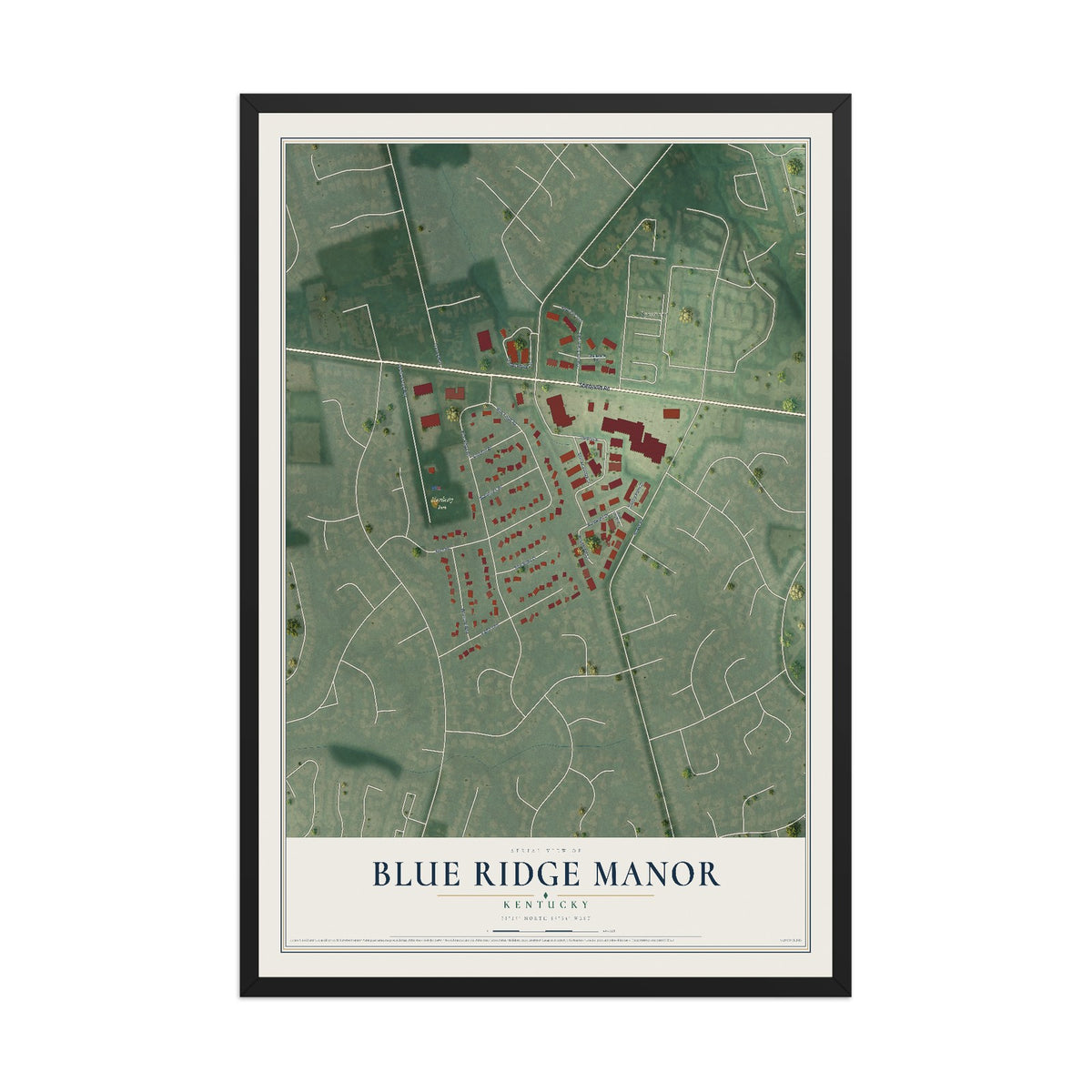 Map of Blue Ridge Manor, Kentucky, 12 x 18 inch print in a black wood frame