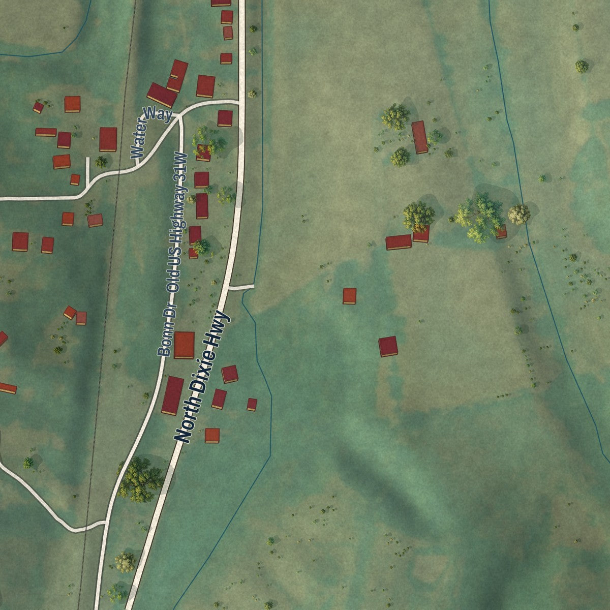Second close-up of the map of Bonnieville, Kentucky print showing more streets and buildings