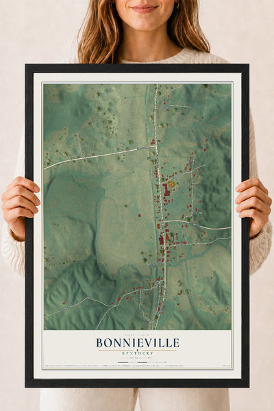 Map of Bonnieville, Kentucky, 18 x 24 inch print in a black wood frame
