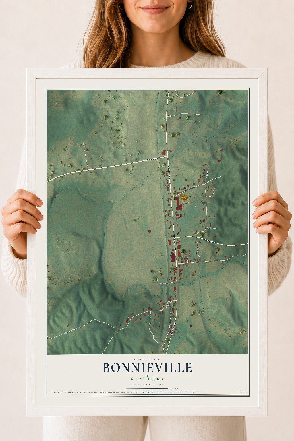 Map of Bonnieville, Kentucky, 18 x 24 inch print in a white wood frame