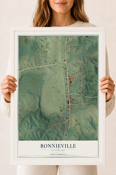 Map of Bonnieville, Kentucky, 18 x 24 inch print in a white wood frame