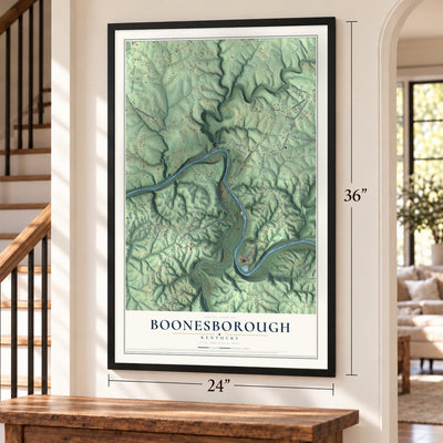 Boonesborough, Kentucky map, 24 x 36 inch print in a black frame by a staircase