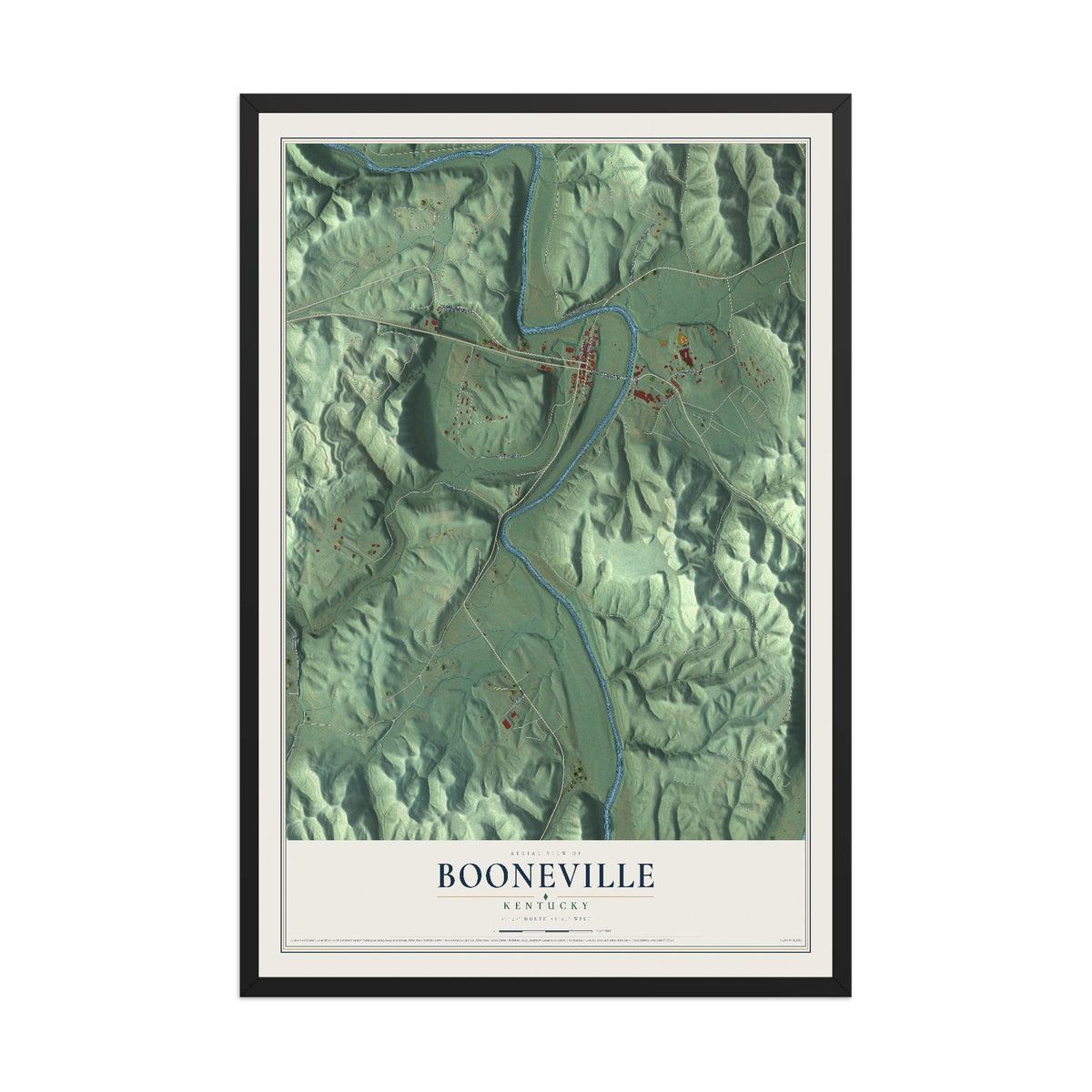 Map of Booneville, Kentucky, 12 x 18 inch print in a black wood frame