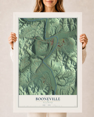 Map of Booneville, Kentucky, 24 x 36 inch print in a white wood frame