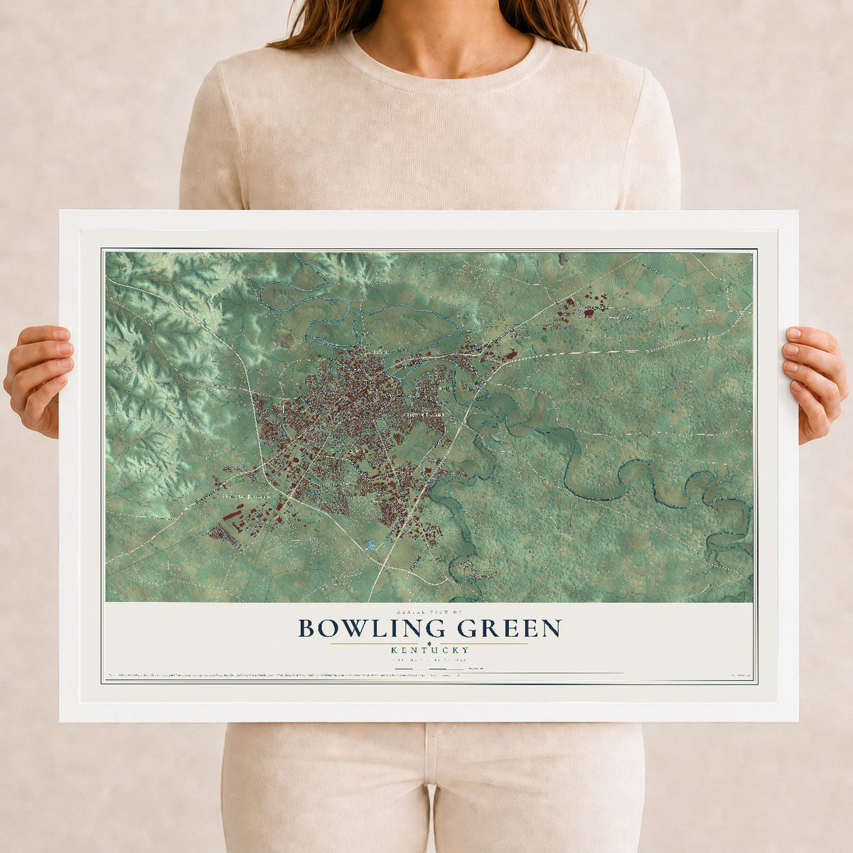 Map of Bowling Green, Kentucky, 12 x 18 inch print in a white wood frame