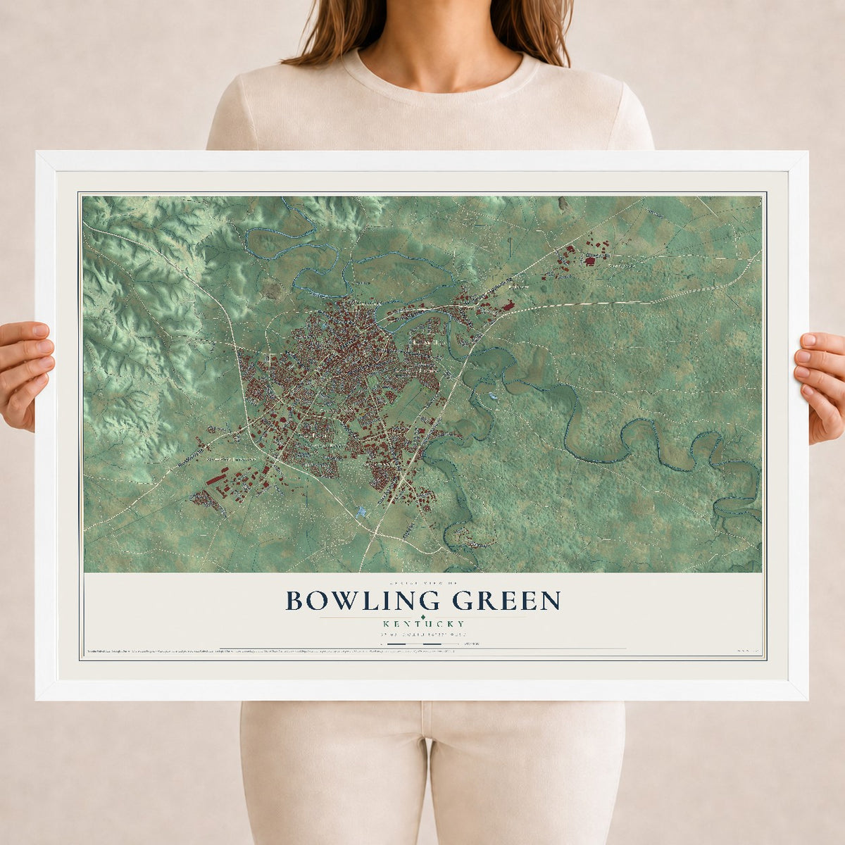 Map of Bowling Green, Kentucky, 18 x 24 inch print in a white wood frame