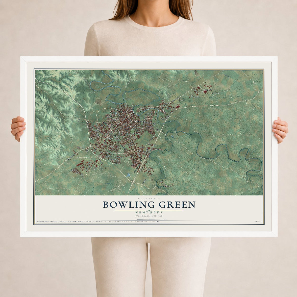 Map of Bowling Green, Kentucky, 24 x 36 inch print in a white wood frame