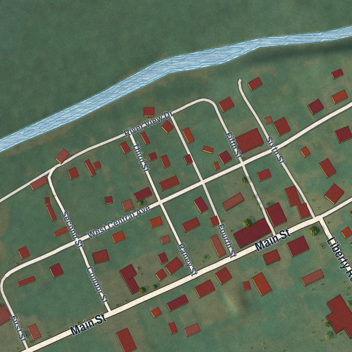 Close-up of the map of Bradfordsville, Kentucky print showing street and building detail