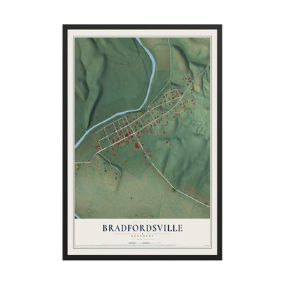 Map of Bradfordsville, Kentucky, 12 x 18 inch print in a black wood frame