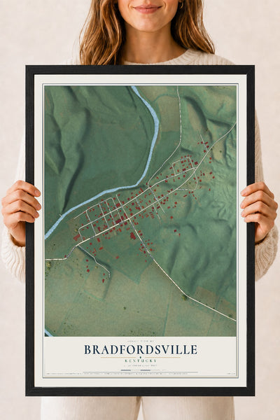 Map of Bradfordsville, Kentucky, 18 x 24 inch print in a black wood frame