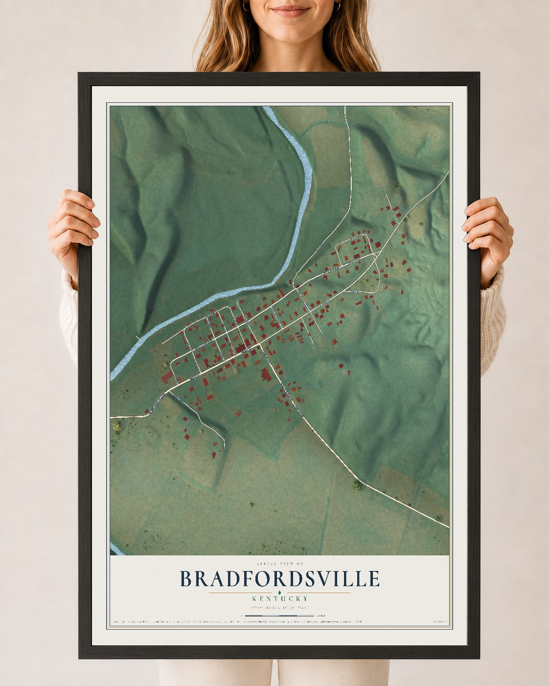 Map of Bradfordsville, Kentucky, 24 x 36 inch print in a black wood frame