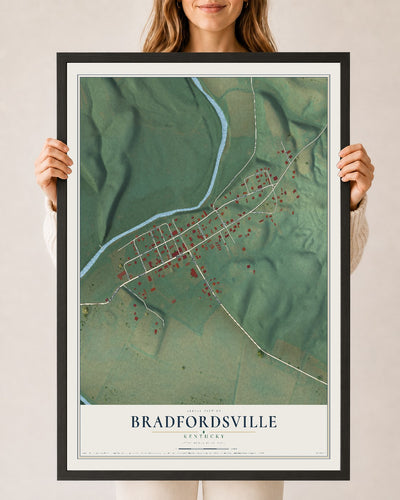 Map of Bradfordsville, Kentucky, 24 x 36 inch print in a black wood frame