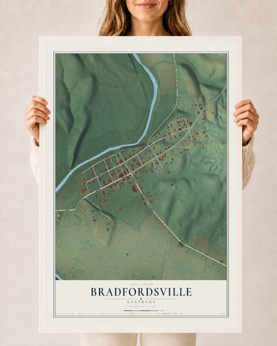 Map of Bradfordsville, Kentucky, 24 x 36 inch print in a white wood frame