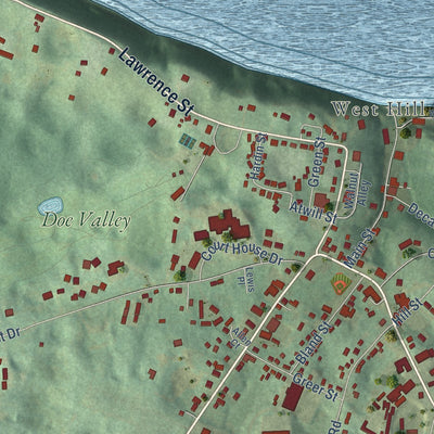 Second close-up of the map of Brandenburg, Kentucky print showing more streets and buildings
