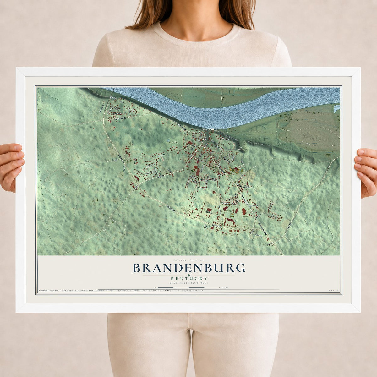 Map of Brandenburg, Kentucky, 18 x 24 inch print in a white wood frame