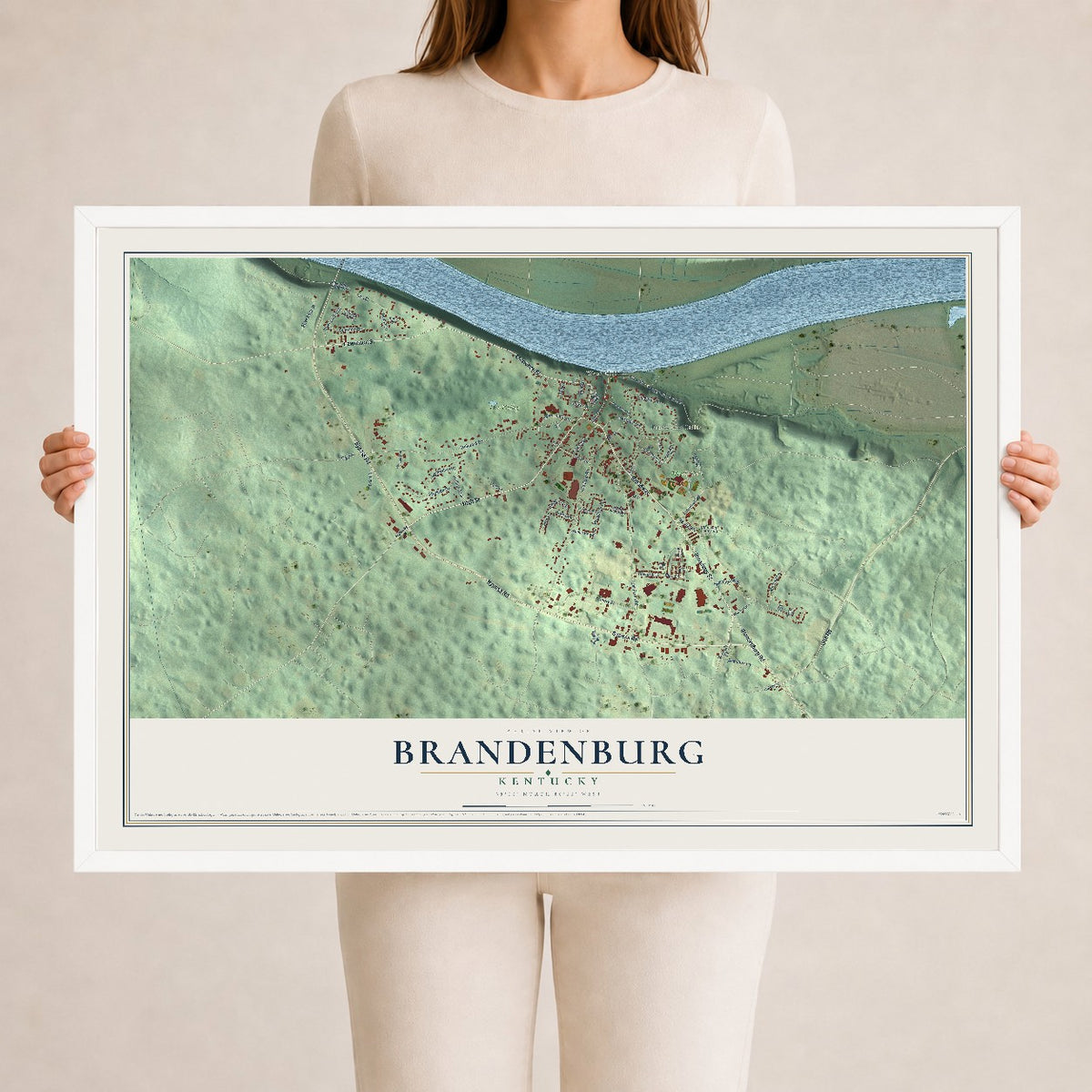 Map of Brandenburg, Kentucky, 24 x 36 inch print in a white wood frame