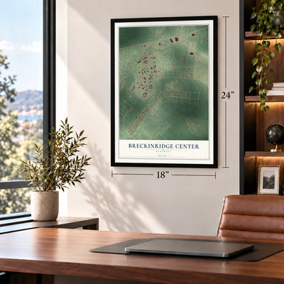 Breckinridge Center, Kentucky map, 18 x 24 inch print in a black frame in a home office