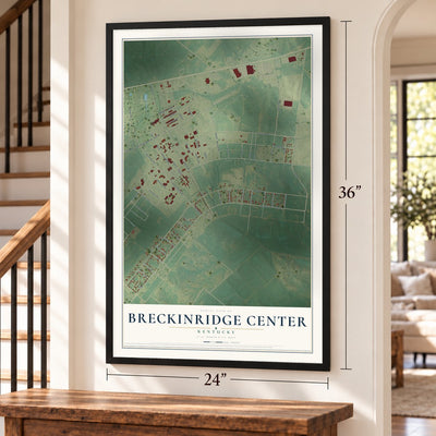 Breckinridge Center, Kentucky map, 24 x 36 inch print in a black frame by a staircase