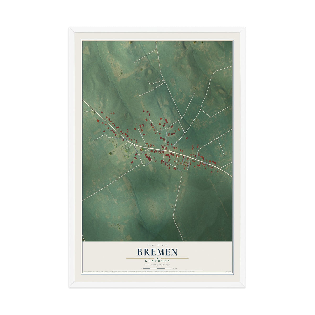 Map of Bremen, Kentucky, 12 x 18 inch print in a white wood frame