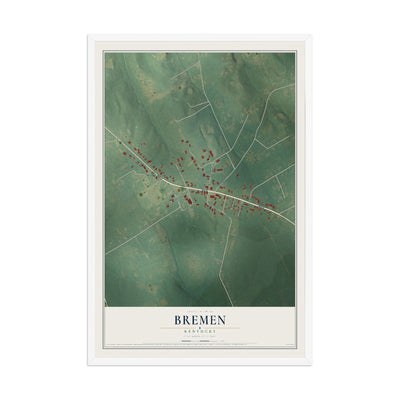 Map of Bremen, Kentucky, 12 x 18 inch print in a white wood frame