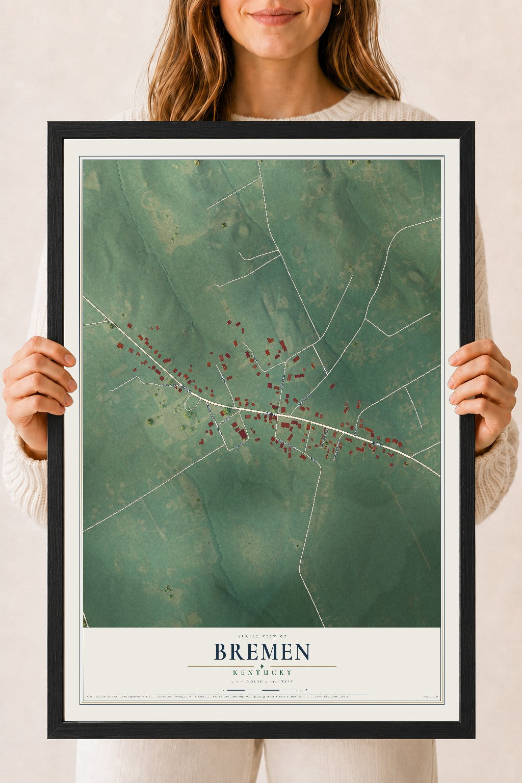 Map of Bremen, Kentucky, 18 x 24 inch print in a black wood frame