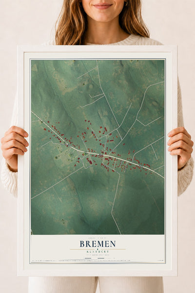 Map of Bremen, Kentucky, 18 x 24 inch print in a white wood frame
