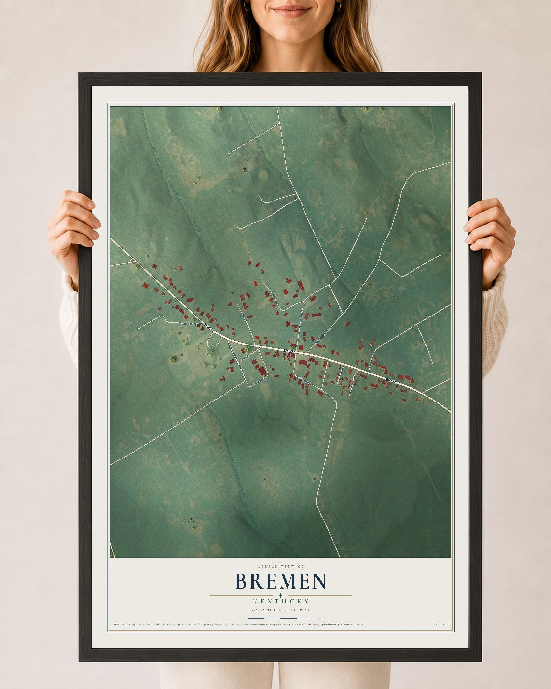 Map of Bremen, Kentucky, 24 x 36 inch print in a black wood frame