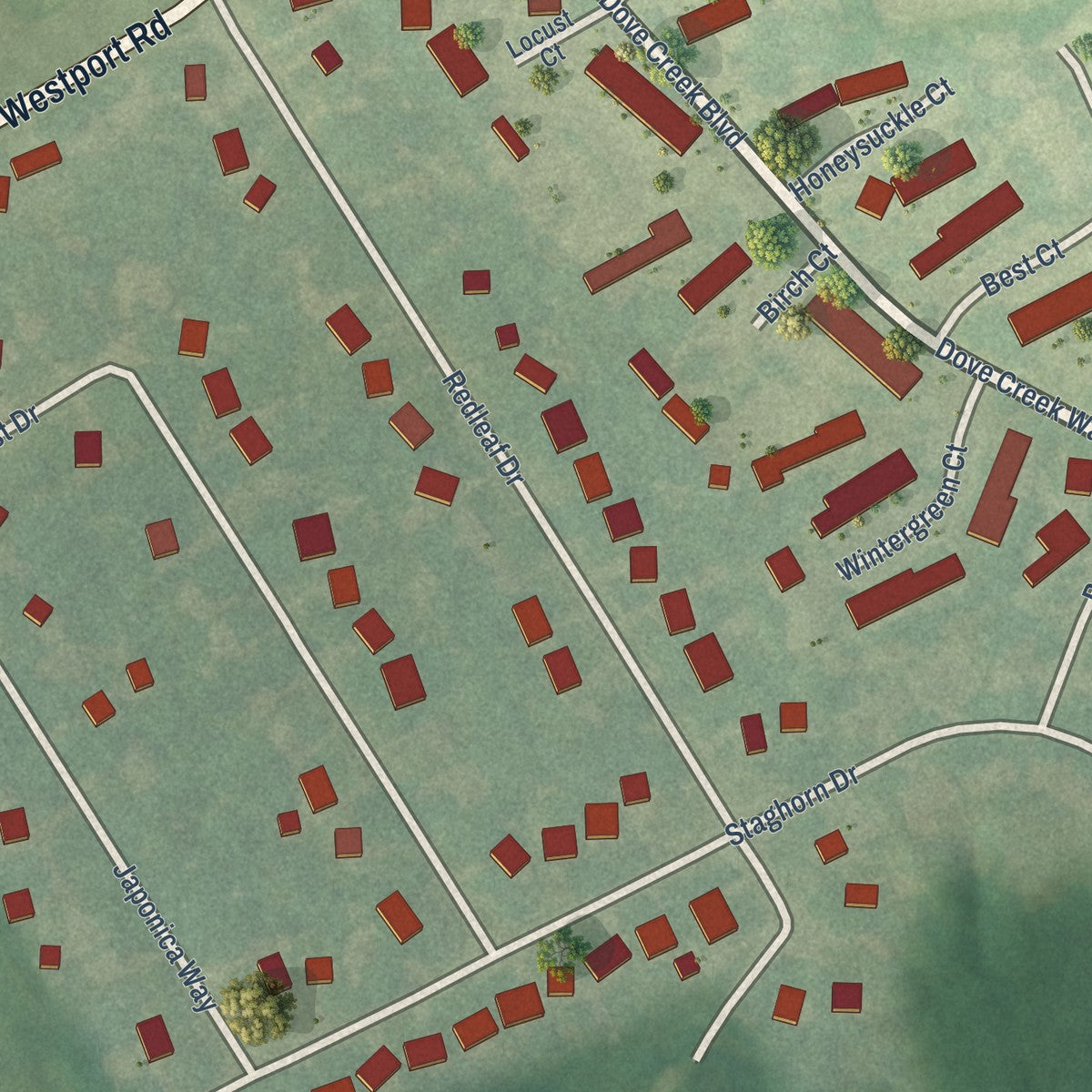 Close-up of the map of Briarwood, Kentucky print showing street and building detail