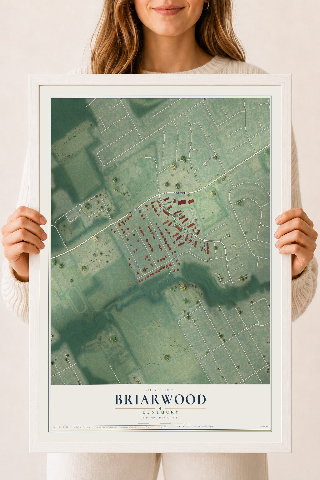 Map of Briarwood, Kentucky, 18 x 24 inch print in a white wood frame