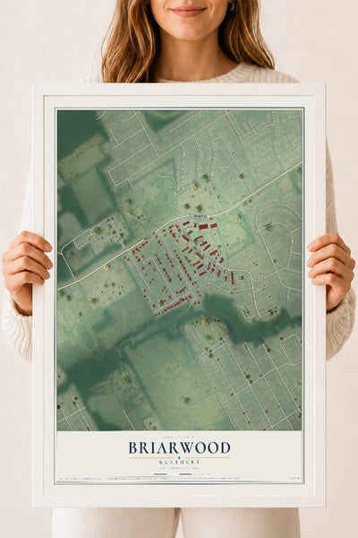 Map of Briarwood, Kentucky, 18 x 24 inch print in a white wood frame