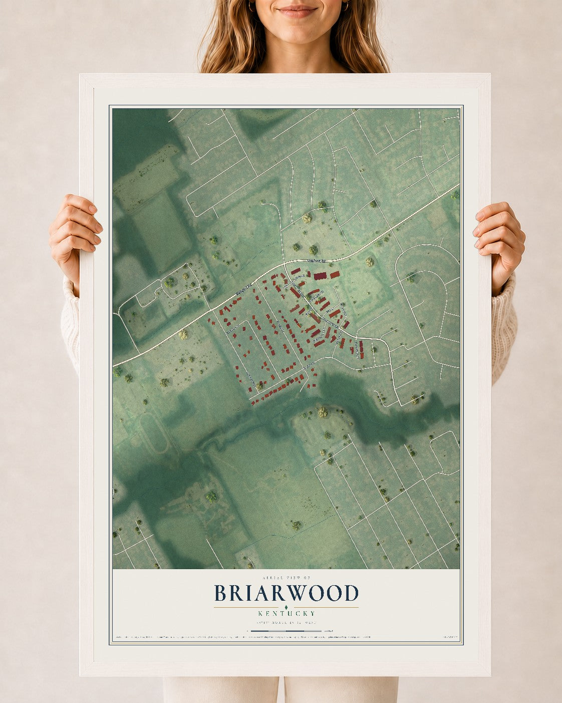 Map of Briarwood, Kentucky, 24 x 36 inch print in a white wood frame